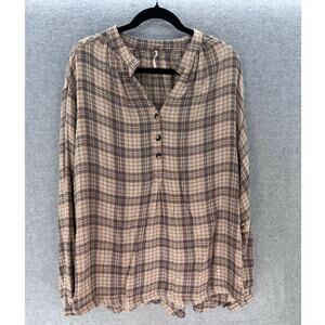 Free People Women's sz M Northern Bound Plaid Neutral Blouse 3 Buttons Soft Boho